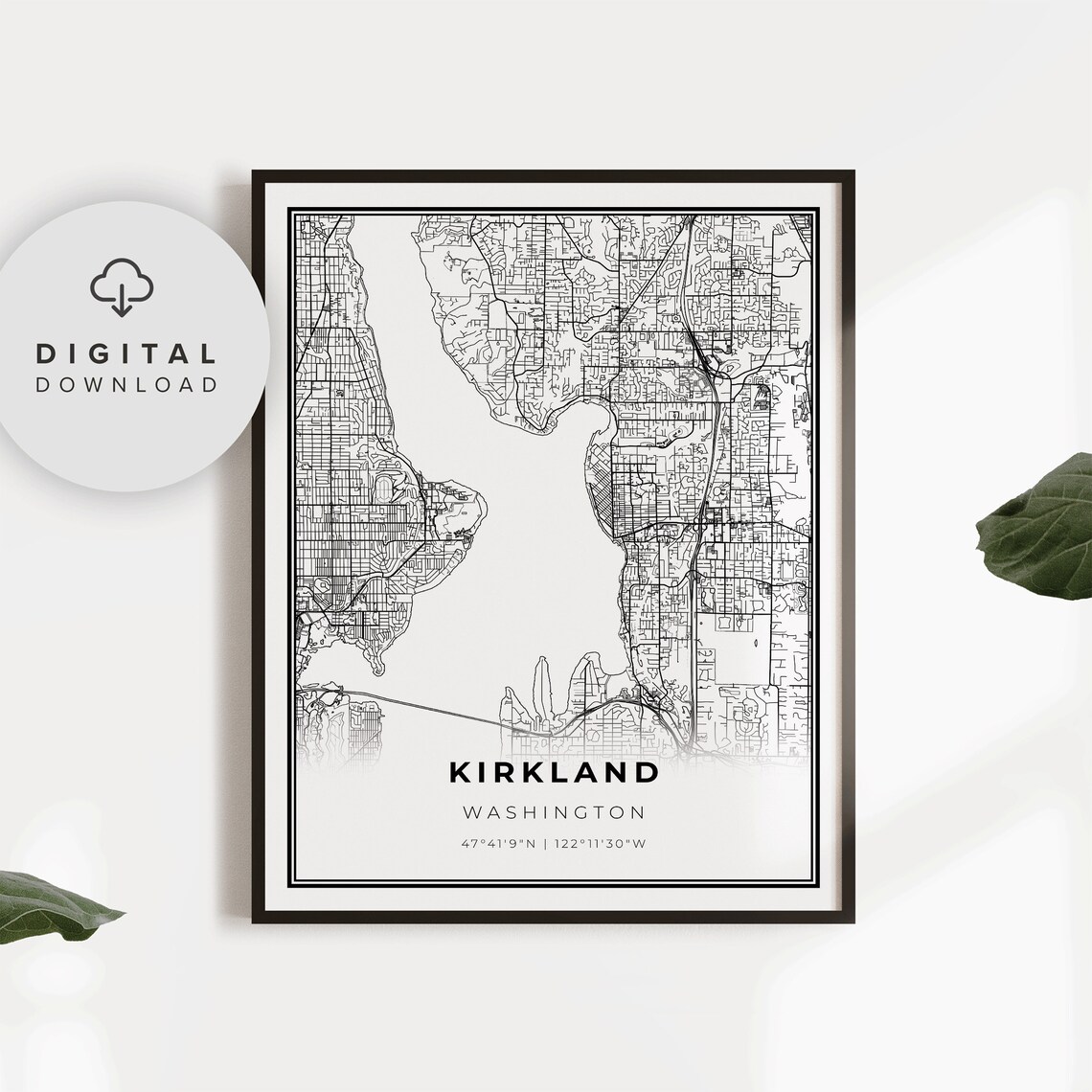 Kirkland Washington Minimalist Black And White City Map Poster