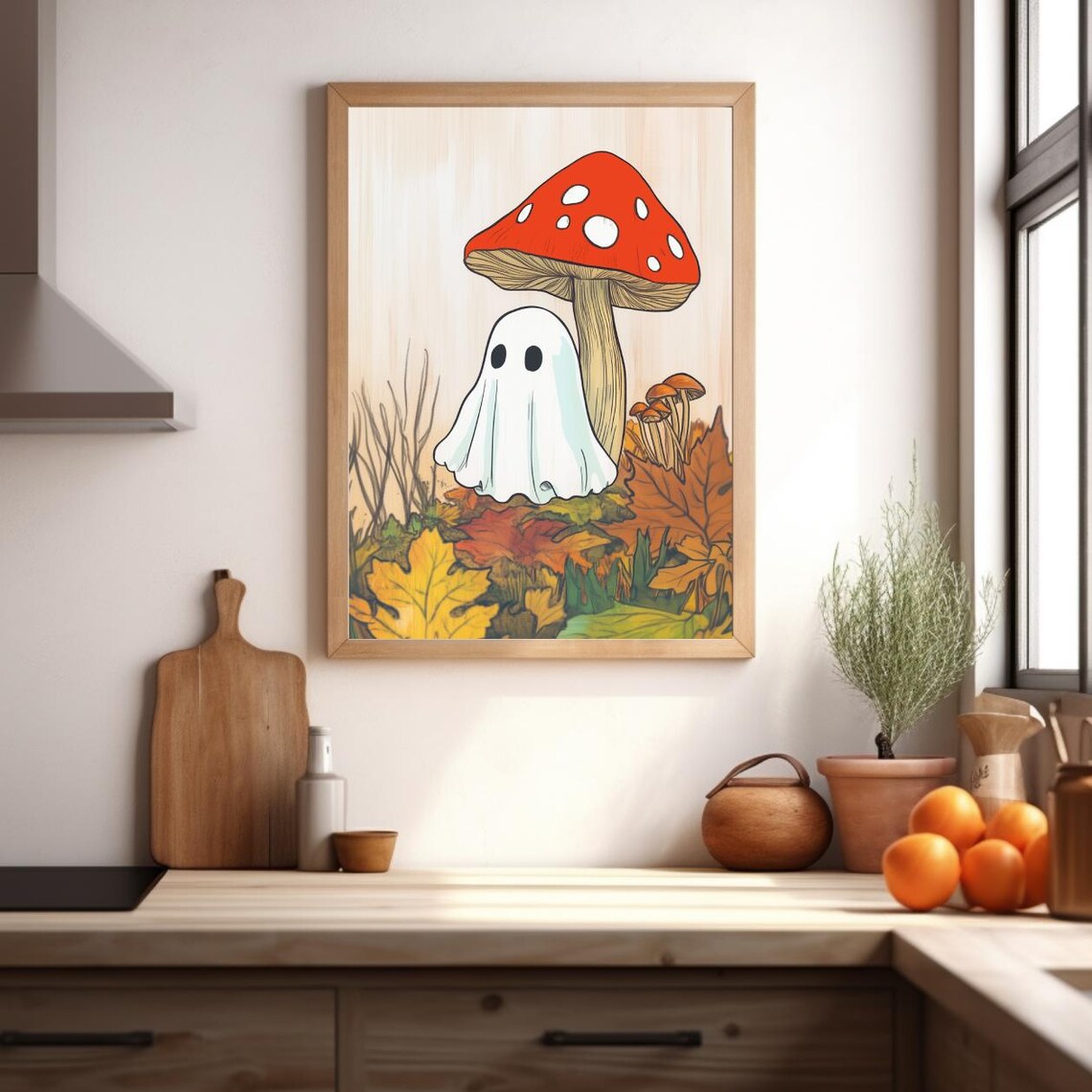 Cute Fall Ghost Sitting Beside Red Mushroom in Autumn Leaves Poster - Image 4