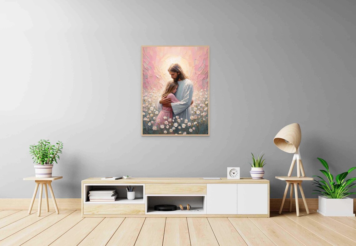 Jesus Christ Hugging Girl Among Daisies in Heavenly Glow Poster - Image 5