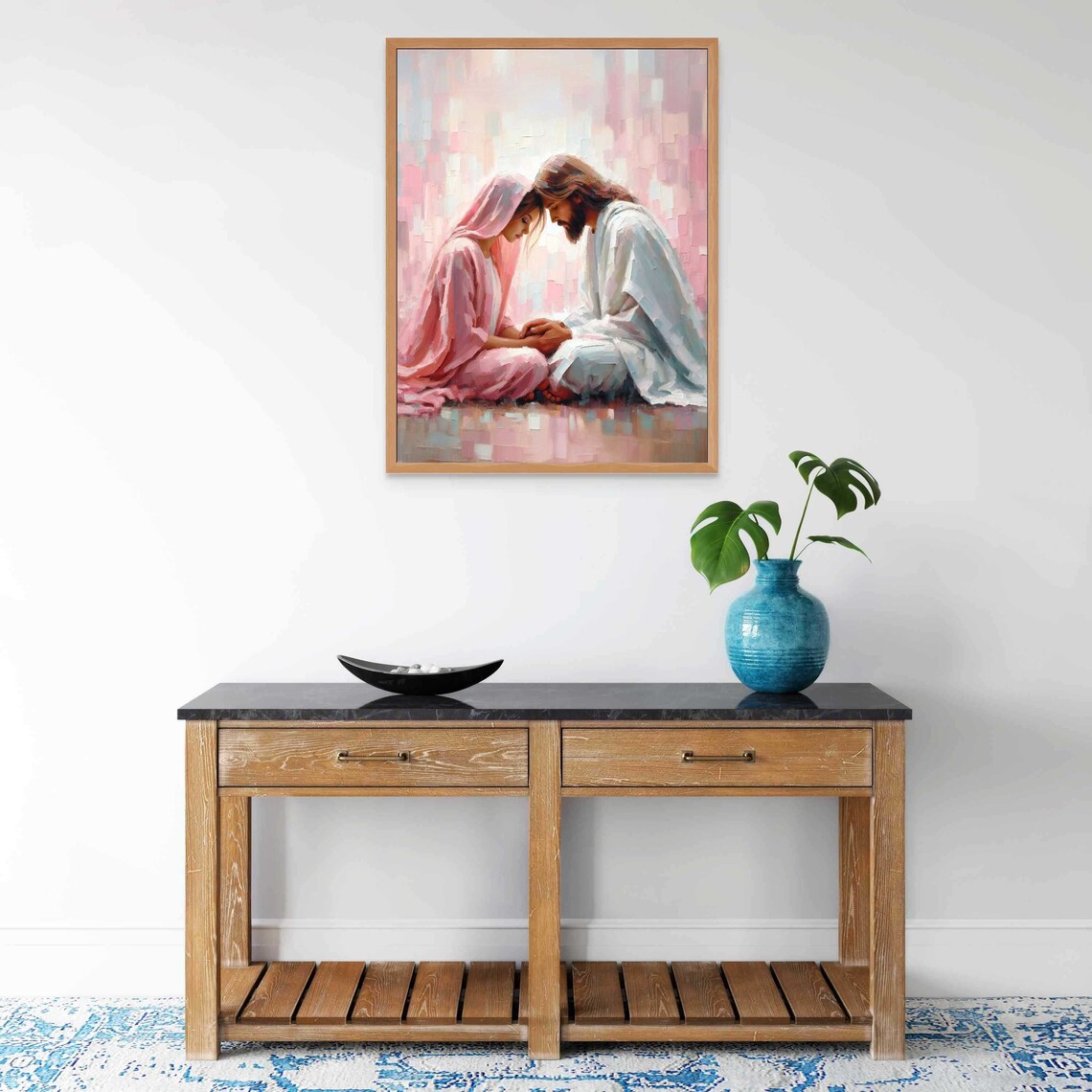 Jesus Sitting With Veiled Woman in Soft Pink Prayer Art Poster - Image 6