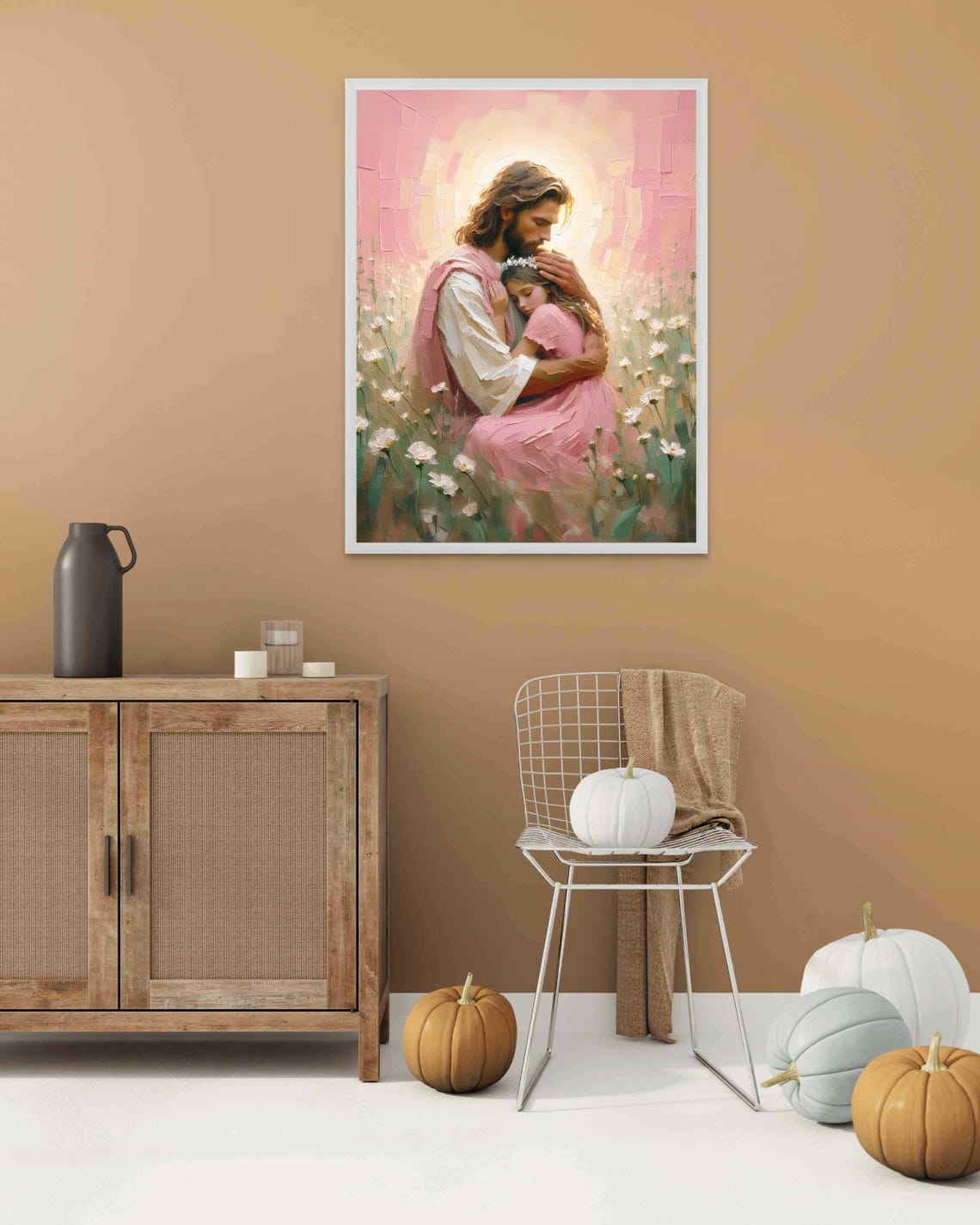 Jesus Hugging Girl With Flower Crown Among White Daisies Poster - Image 2