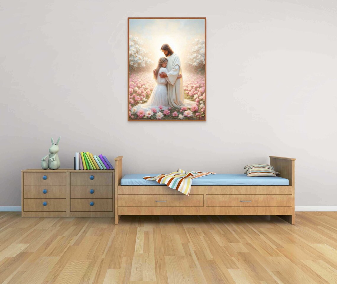 Jesus Embracing Girl in White Dress Among Pink Blossoms Poster - Image 6