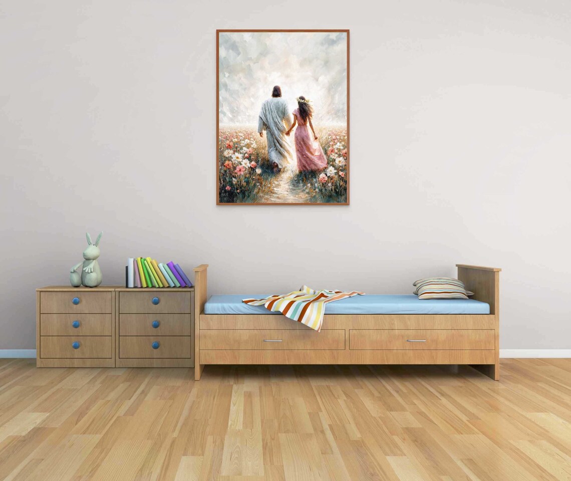 Jesus and Woman Walking Through Flower Field Hand in Hand Poster - Image 3