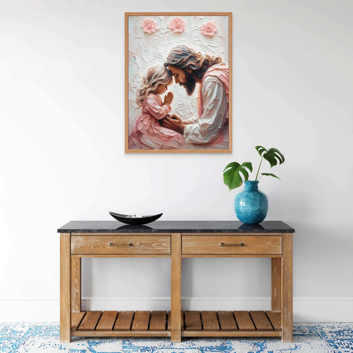 Jesus And Praying Girl Forehead To Forehead Impasto Pink Rose Wall Art - Image 6