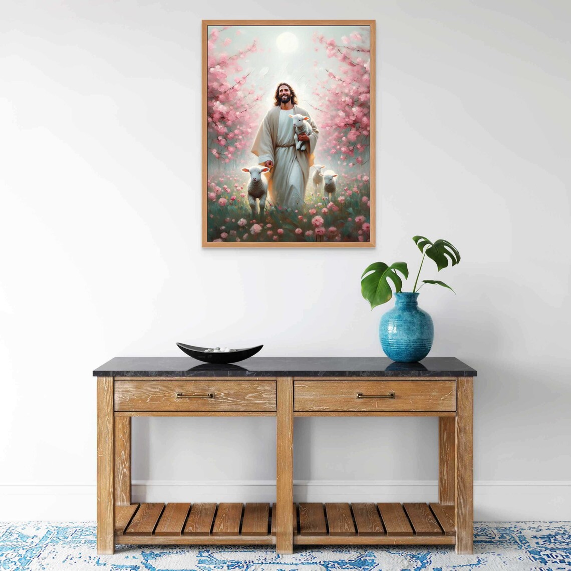 Jesus the Good Shepherd With Lambs in Cherry Blossom Art Poster - Image 6