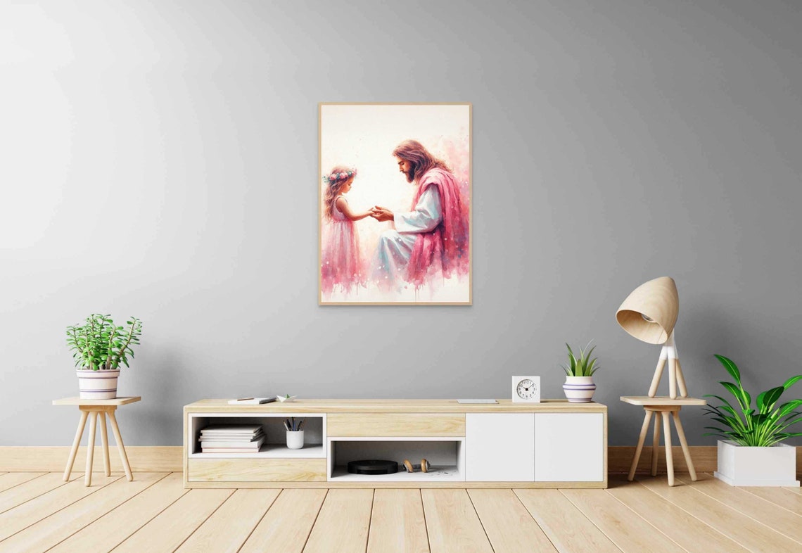 Jesus Kneeling With Girl Wearing Flower Crown Watercolor Poster - Image 5