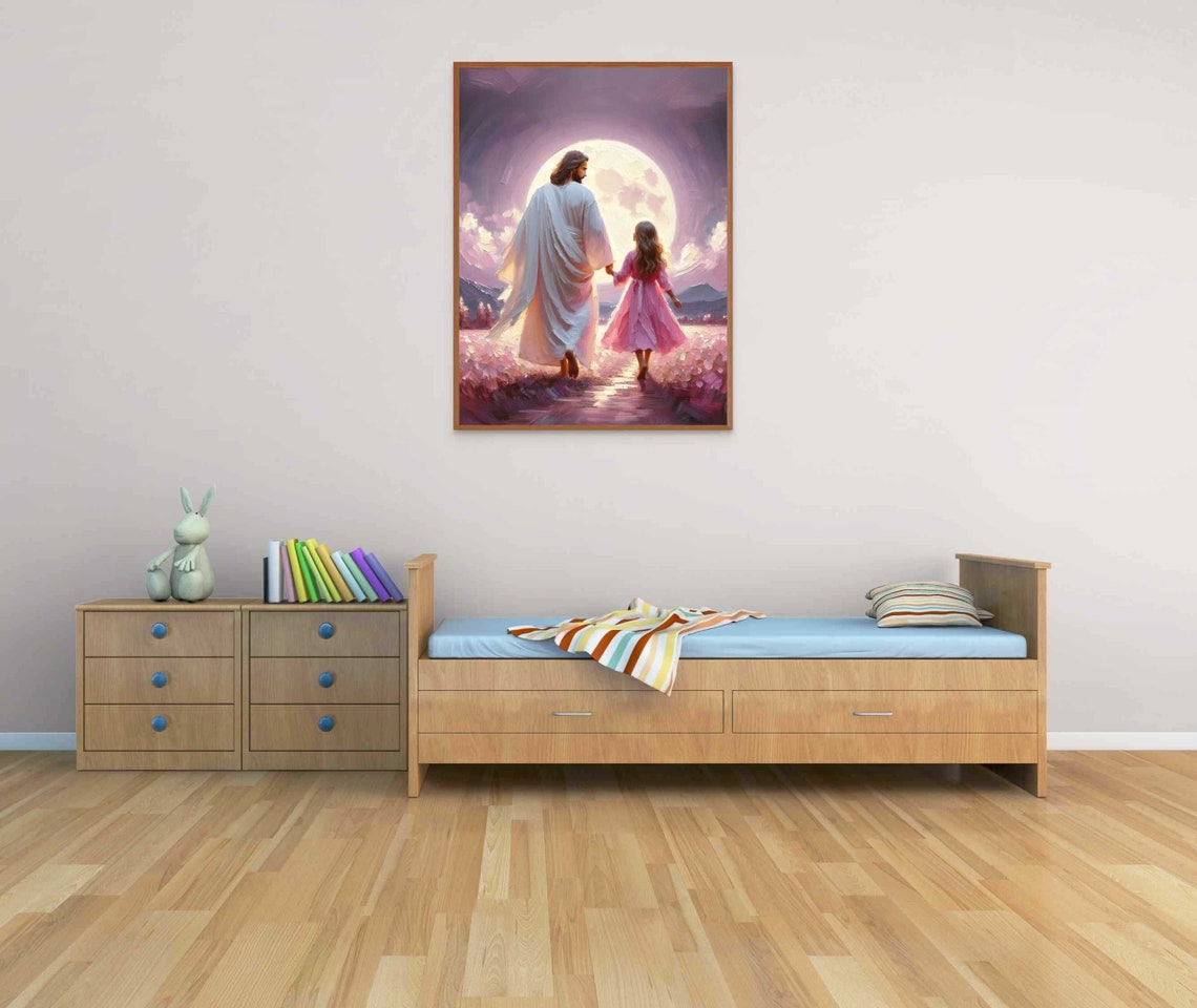 Jesus and Girl Walking Toward the Moon in Pink Night Art Poster - Image 3