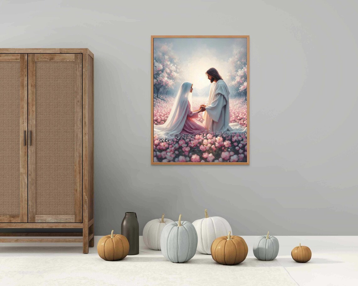 Jesus Holding Hands Veiled Woman Pink Flower Field Tender Christian Print - Image 4
