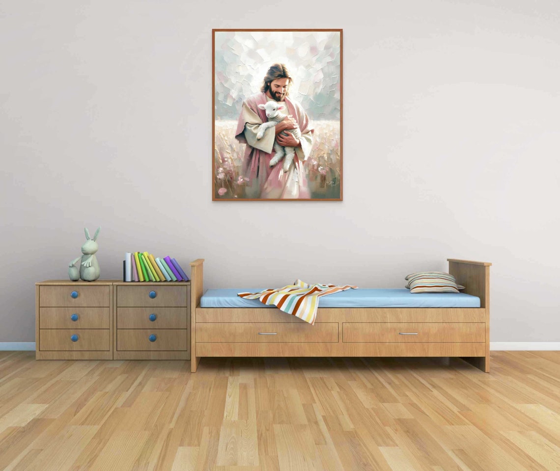 Jesus Standing in Flower Field Holding Lamb Pink Robe Art Poster - Image 4