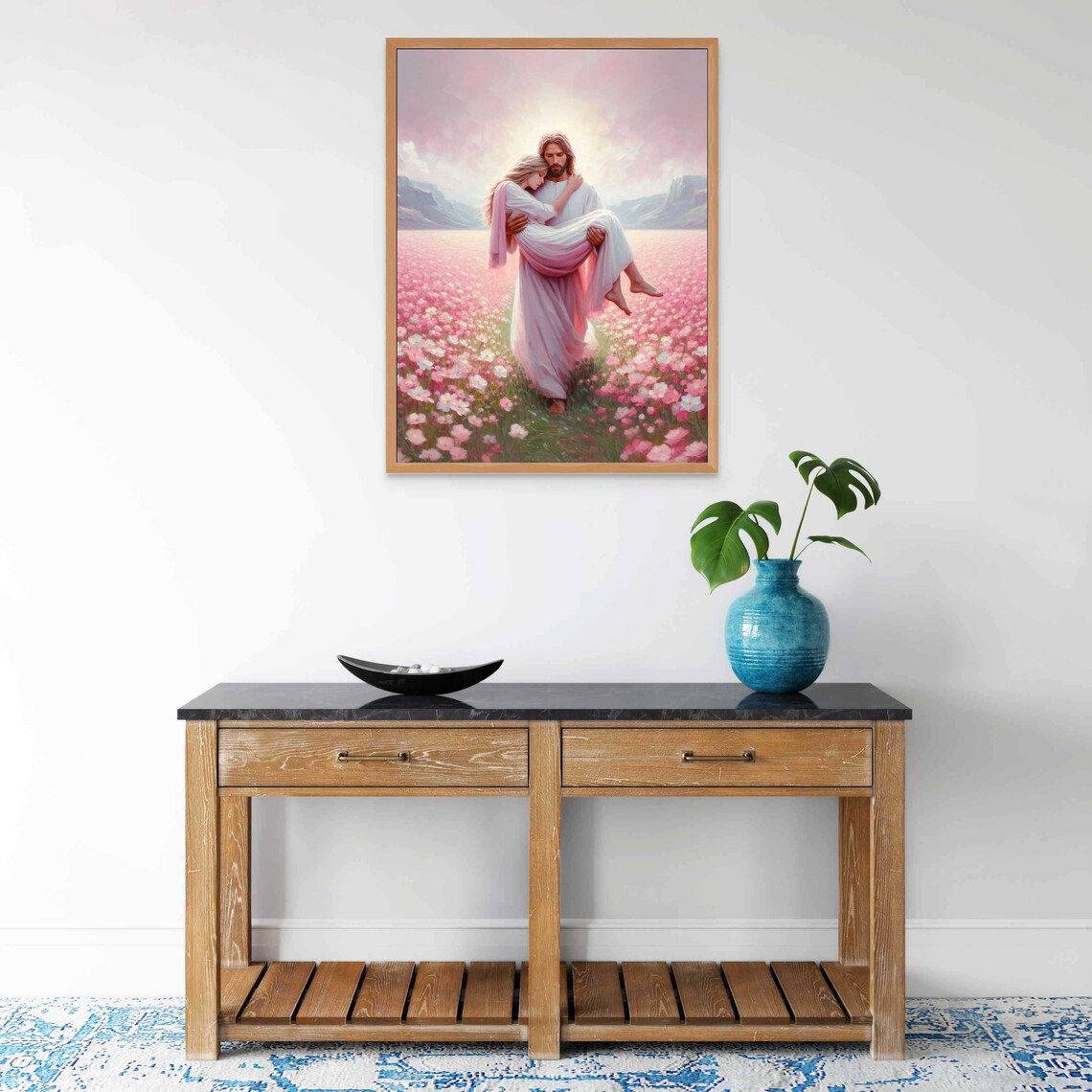 Jesus Carrying Woman Through Pink Flower Field Mountains Christian Poster - Image 4