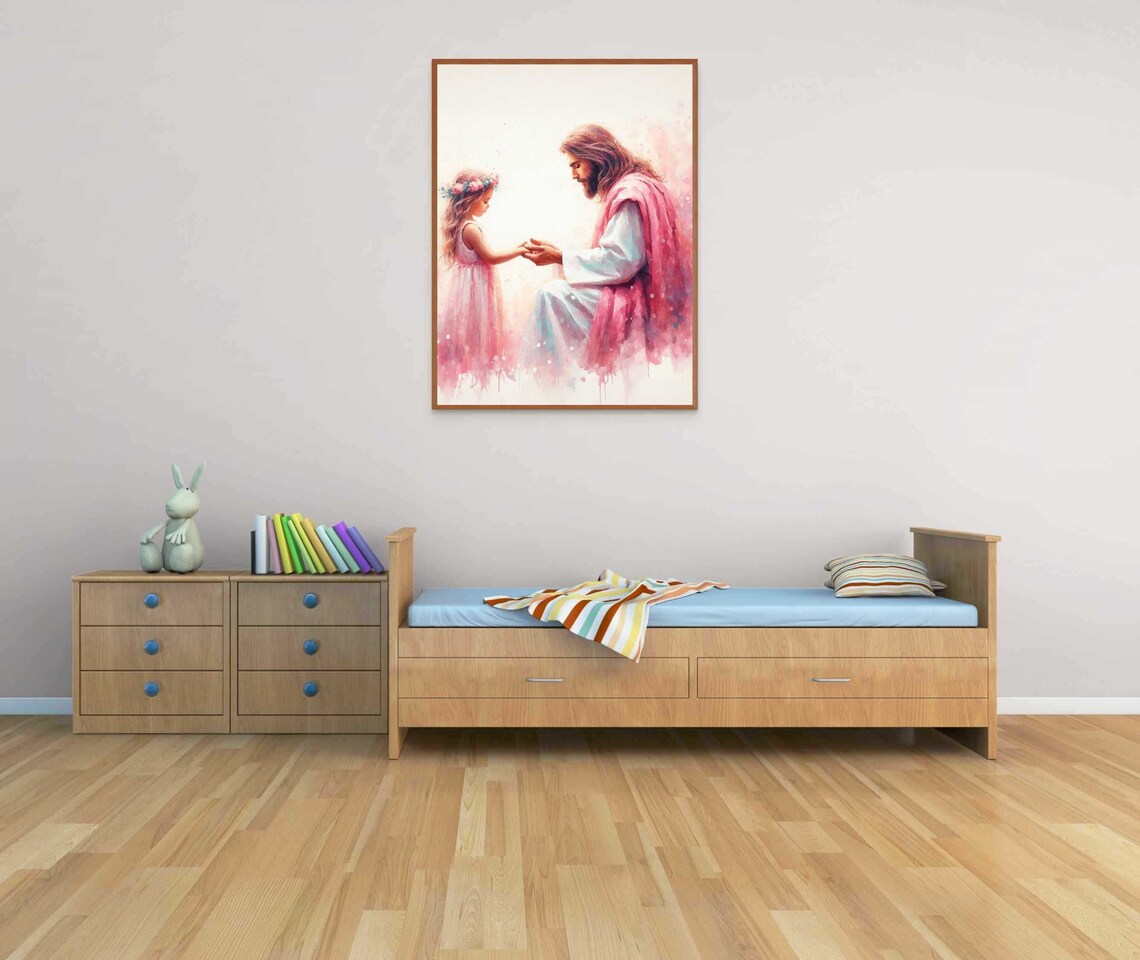 Jesus Kneeling With Girl Wearing Flower Crown Watercolor Poster - Image 2