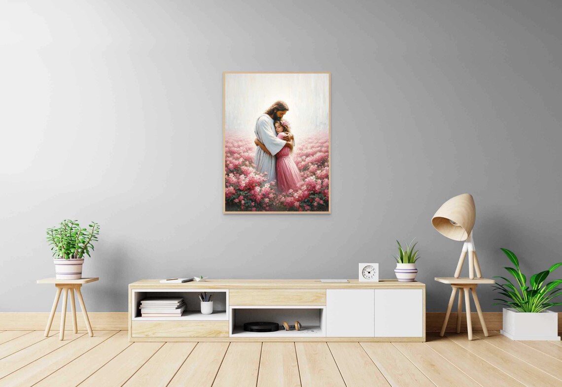 Jesus Hugging Little Girl Standing Pink Flower Field Christian Wall Art - Image 2