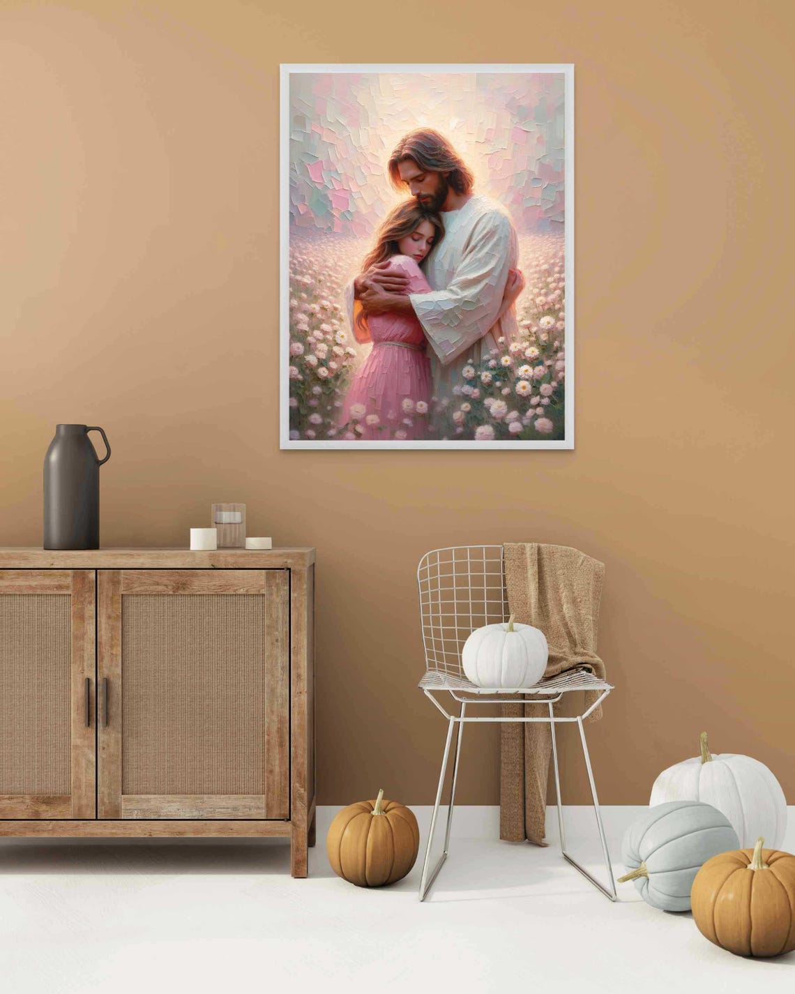 Jesus Christ Embracing Girl Among Daisies Mosaic Style Poster