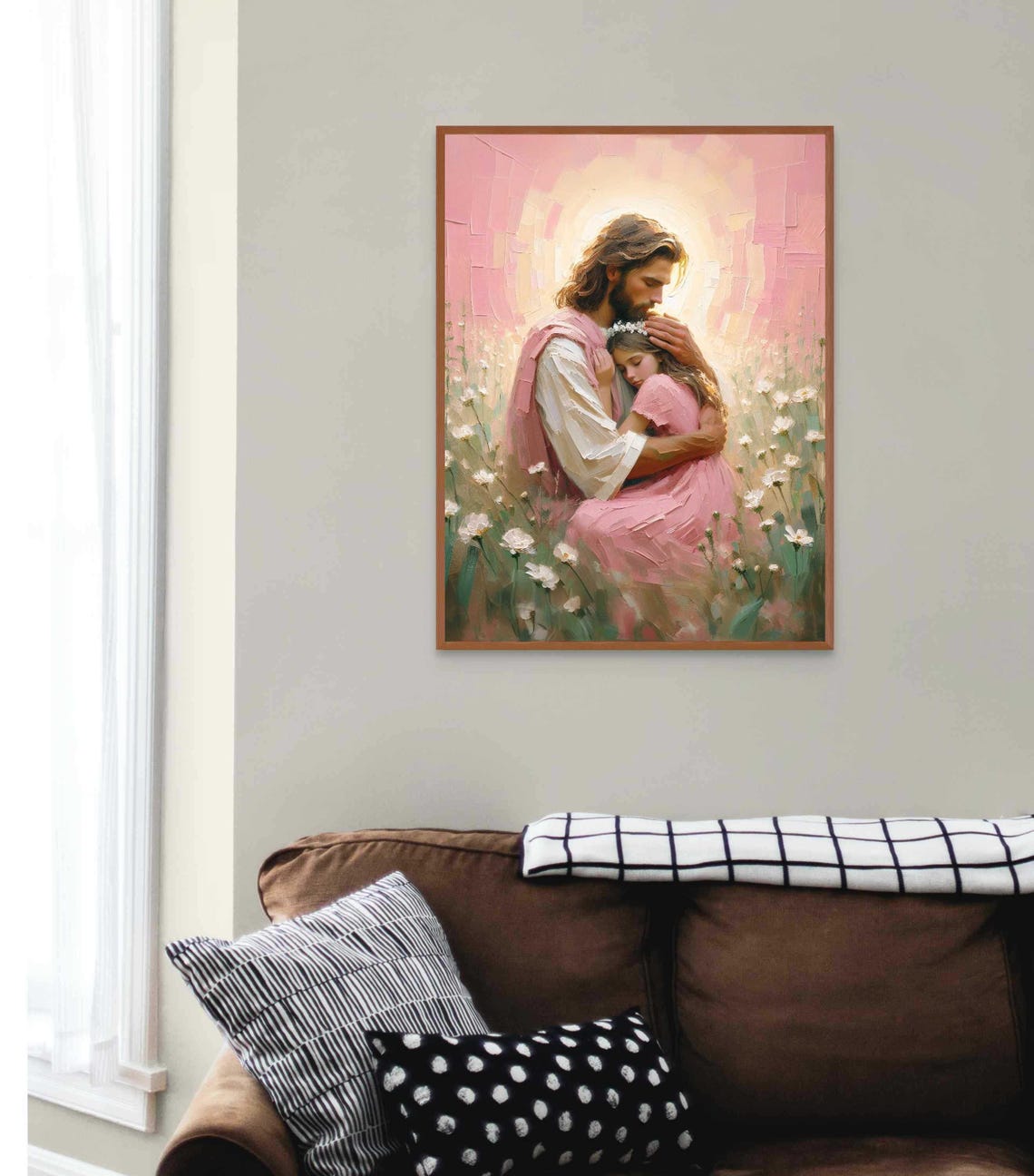 Jesus Hugging Girl With Flower Crown Among White Daisies Poster - Image 3