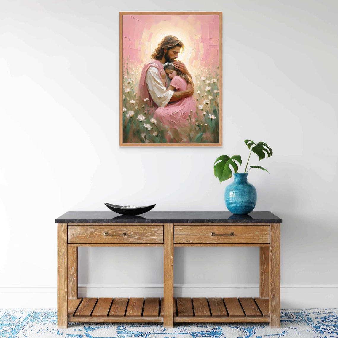 Jesus Hugging Girl With Flower Crown Among White Daisies Poster - Image 6