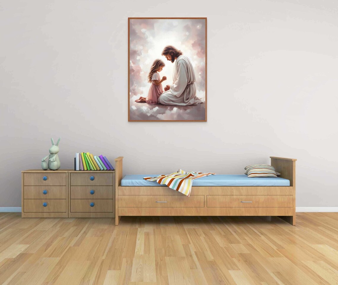 Jesus Praying With Little Girl Heavenly Clouds Christian Wall Art - Image 6