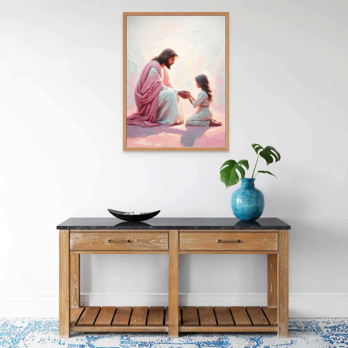 Jesus Kneeling With Little Girl in White Soft Pastel Art Poster - Image 7