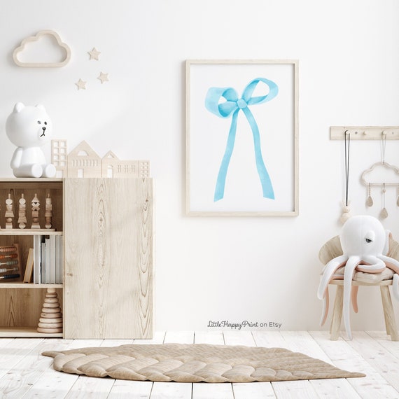 Blue Bow Print Coquette Balletcore Ribbon Illustration Trendy Cute Girly Grand Millennial Wall Art Instant Download