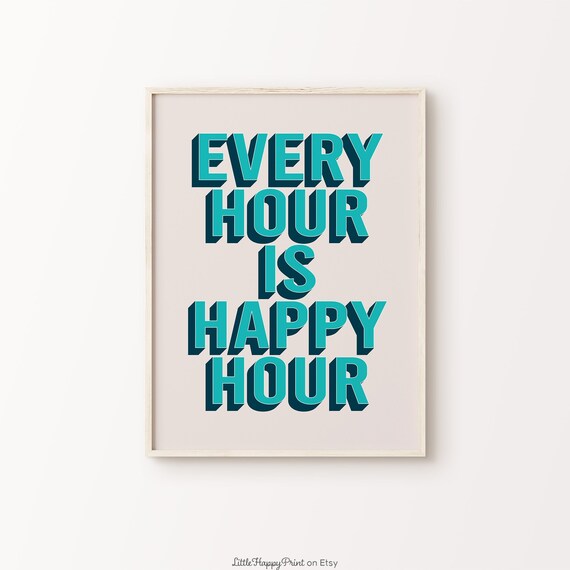 Every Hour Is Happy Hour Blue Navy Retro Bar Cart Party Wall Art