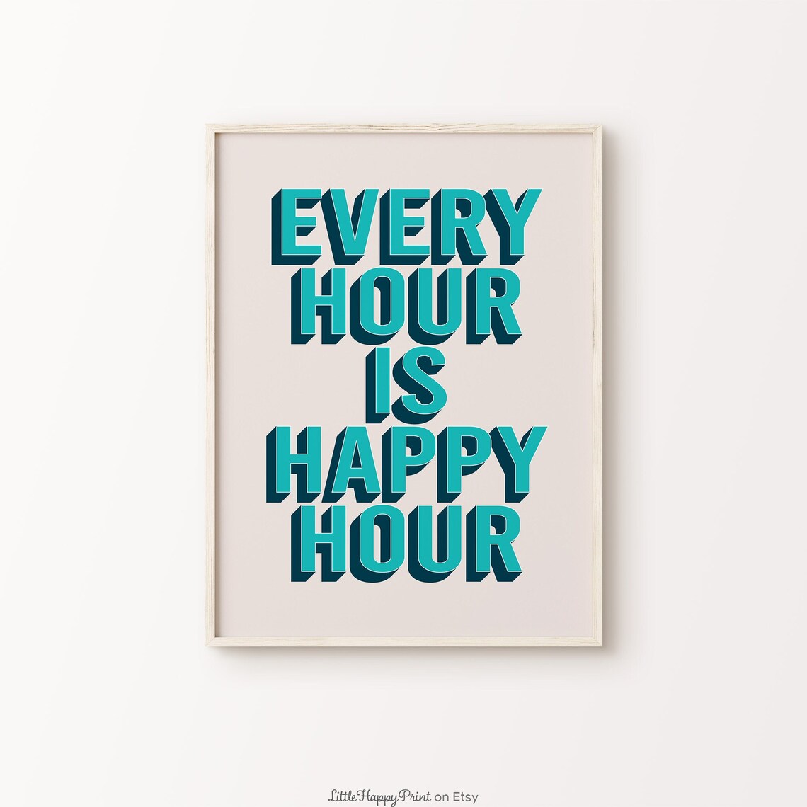 Every Hour Is Happy Hour Blue Navy Retro Bar Cart Party Wall Art