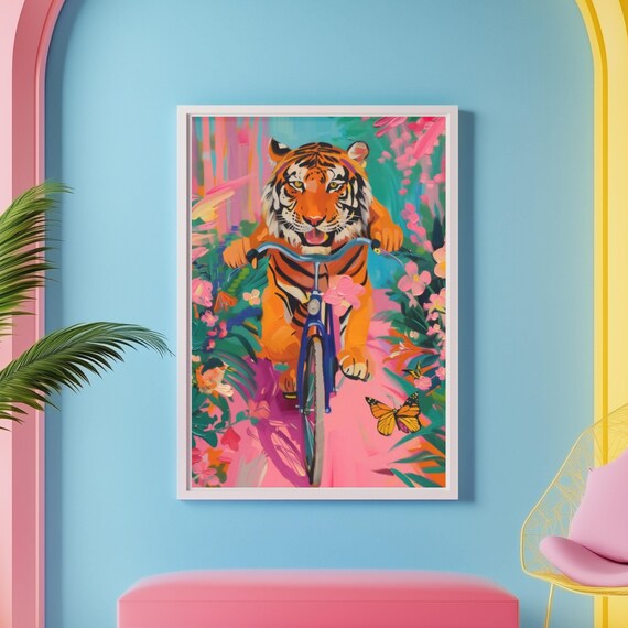 Happy Tiger Riding a Blue Bicycle Through Pink Jungle Poster
