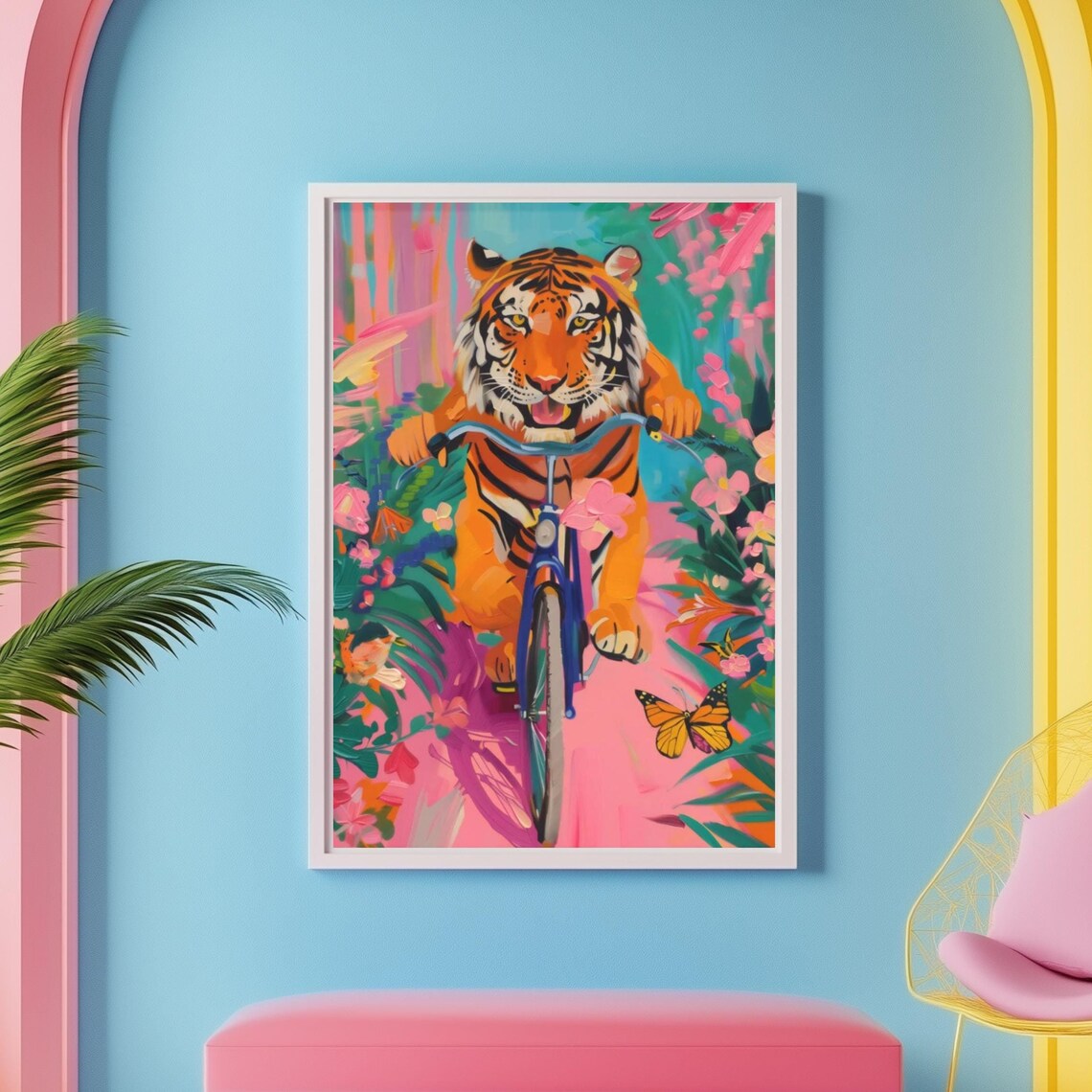 Happy Tiger Riding a Blue Bicycle Through Pink Jungle Poster