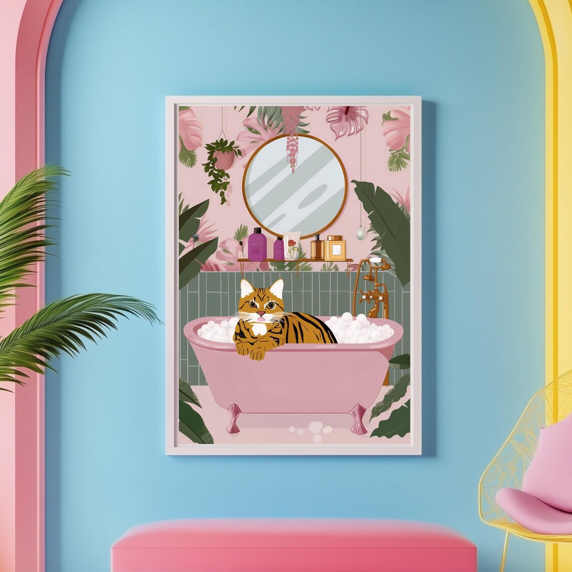 Orange Tabby Cat In Pink Bathtub Poster Funny Tropical Bathroom Decor