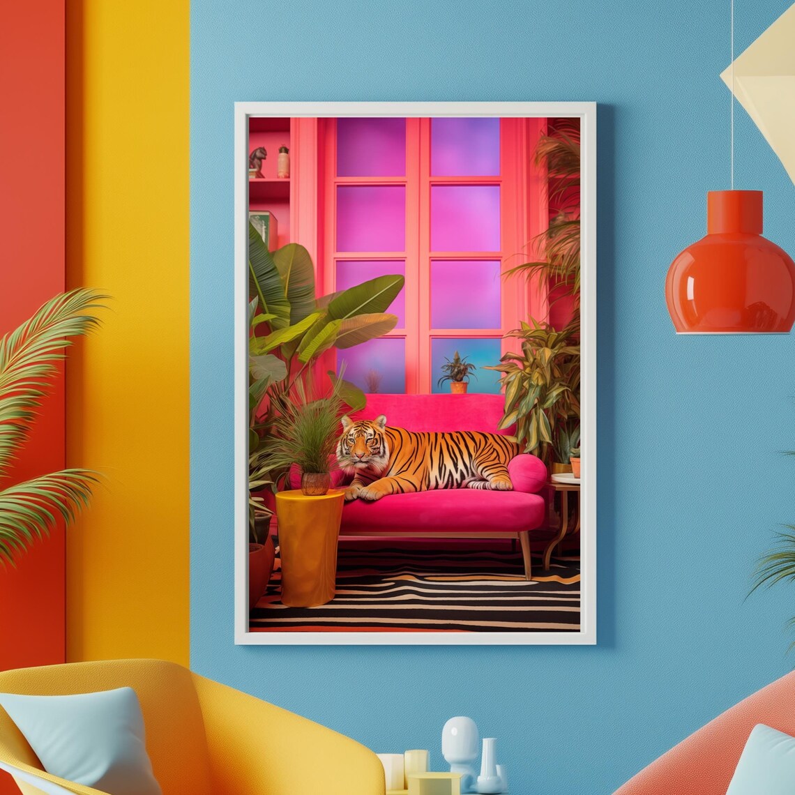 Tiger Lounging On Pink Sofa Maximalist Living Room Art Poster
