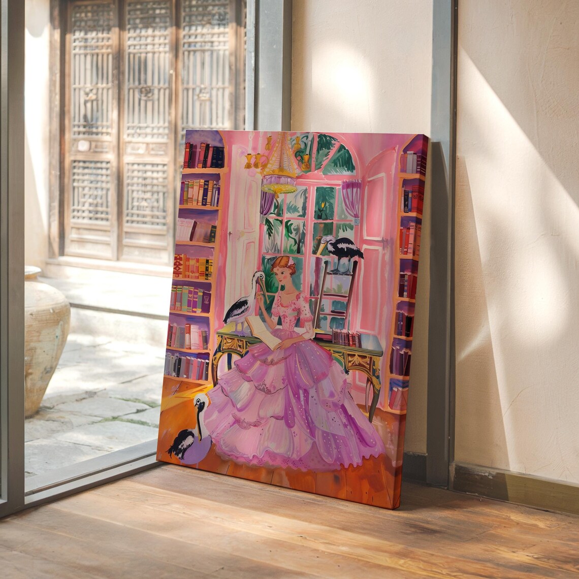 Lady Reading a Letter in a Pink Grand Library with Birds Poster