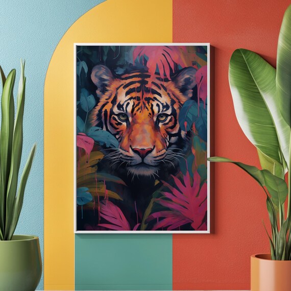 Intense Tiger Eyes Emerging From Dark Jungle Foliage Wildlife Poster