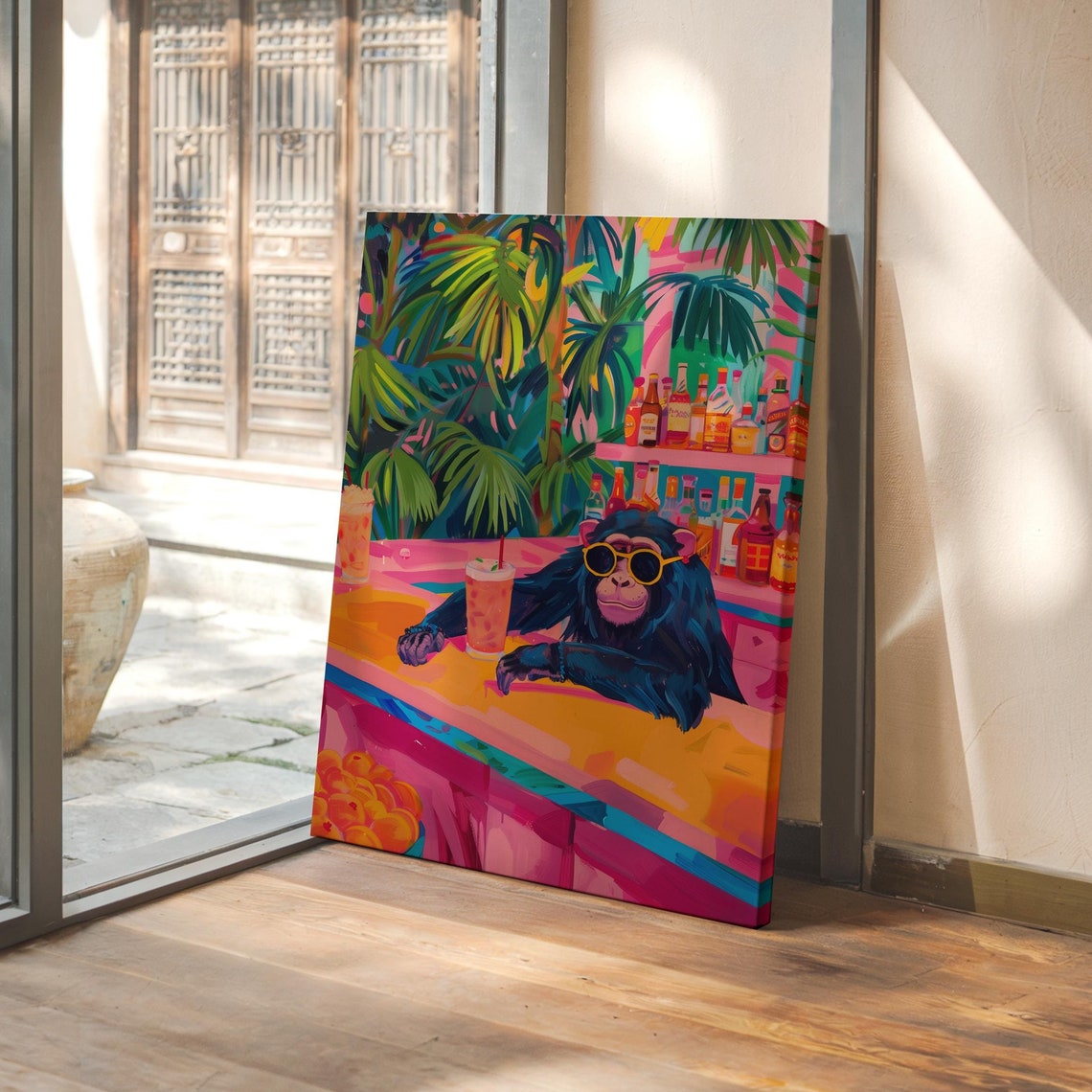 Chilled Monkey with Sunglasses Relaxing at a Tropical Bar Poster