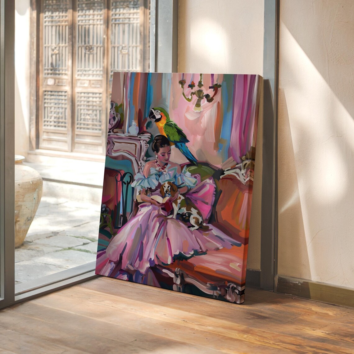 Lady in a Pink Gown With Her Dog and a Macaw Parrot Painting Poster