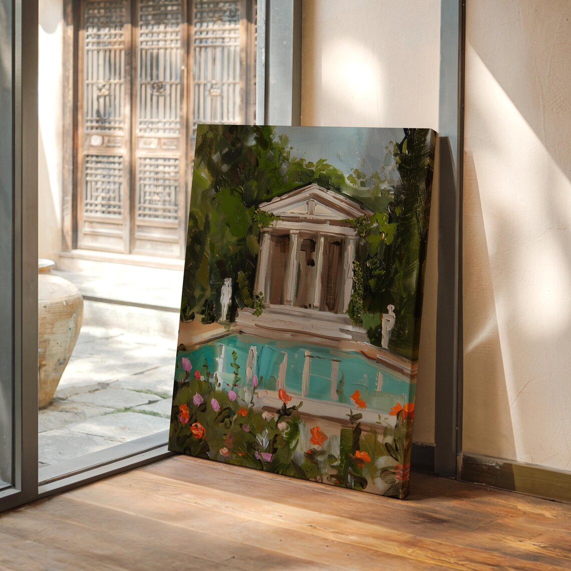 Ancient Greek Temple by a Turquoise Pool in a Flower Garden Poster