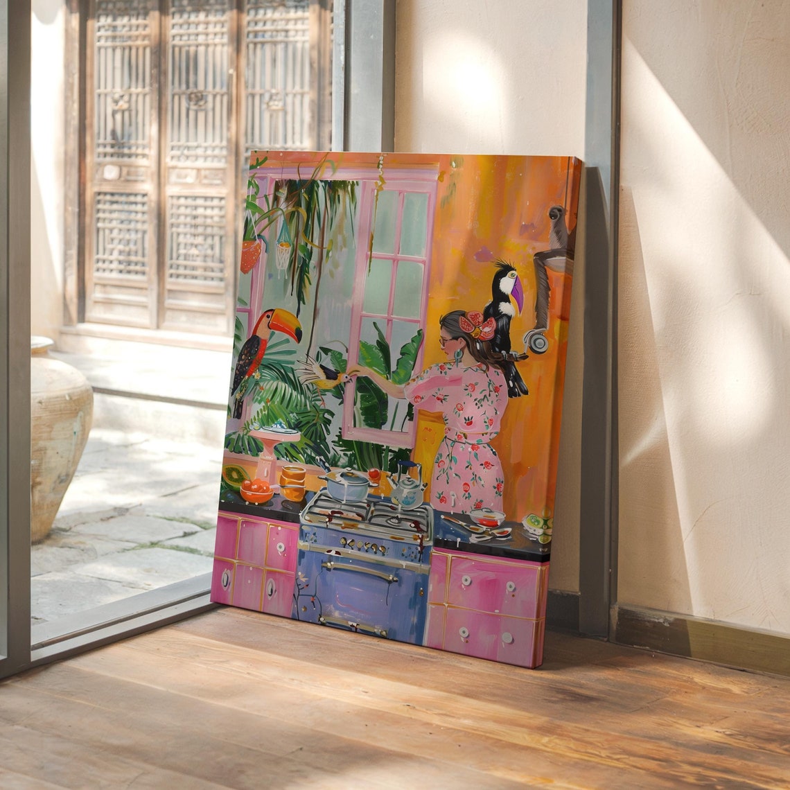 Woman Cooking in a Pink Tropical Kitchen With Toucans Poster