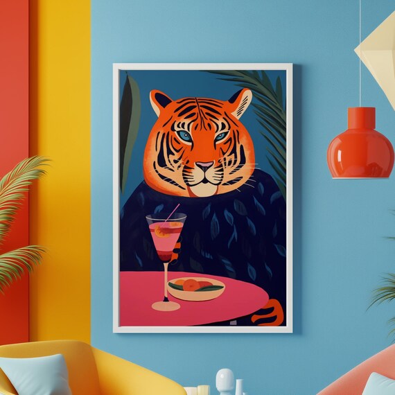 Illustrated Tiger Holding a Pink Cocktail at a Cafe Table Poster