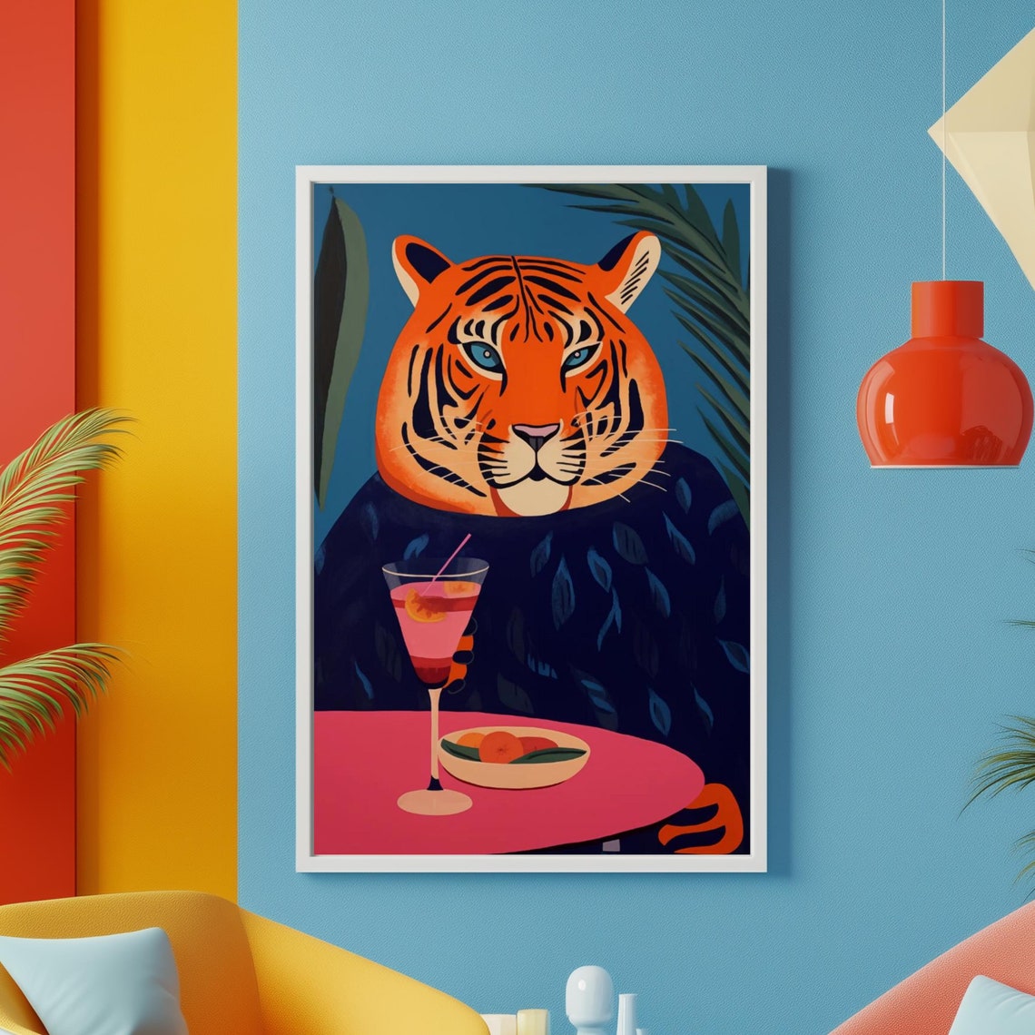 Illustrated Tiger Holding a Pink Cocktail at a Cafe Table Poster
