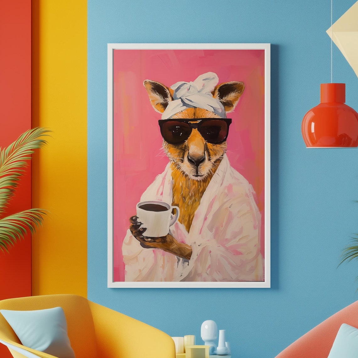 Kangaroo In Bathrobe Print Funny Animal Bathroom Art Quirky Wall Decor Whimsical Bathroom Artwork Maximalist Kangaroo Wall Art
