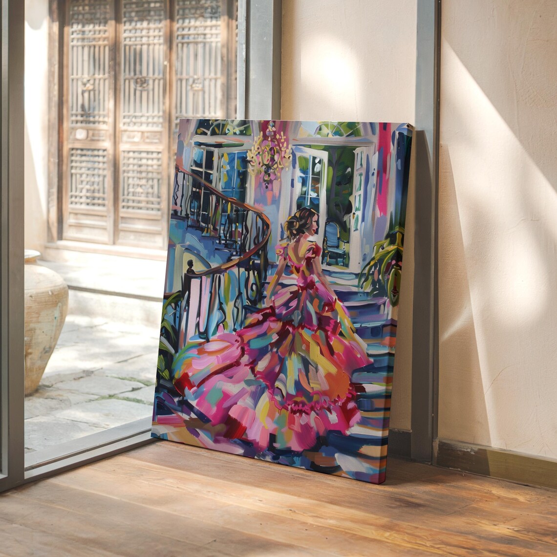 Sophisticated Print Elegant Staircase Art Vibrant Gown Wall Decor Maximalist Interior Artwork Luxury Staircase Poster