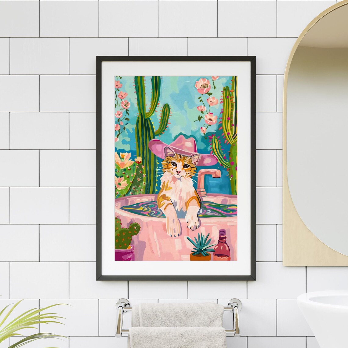 Cowboy Cat Wearing a Pink Hat Beside a Desert Bathtub Art Poster