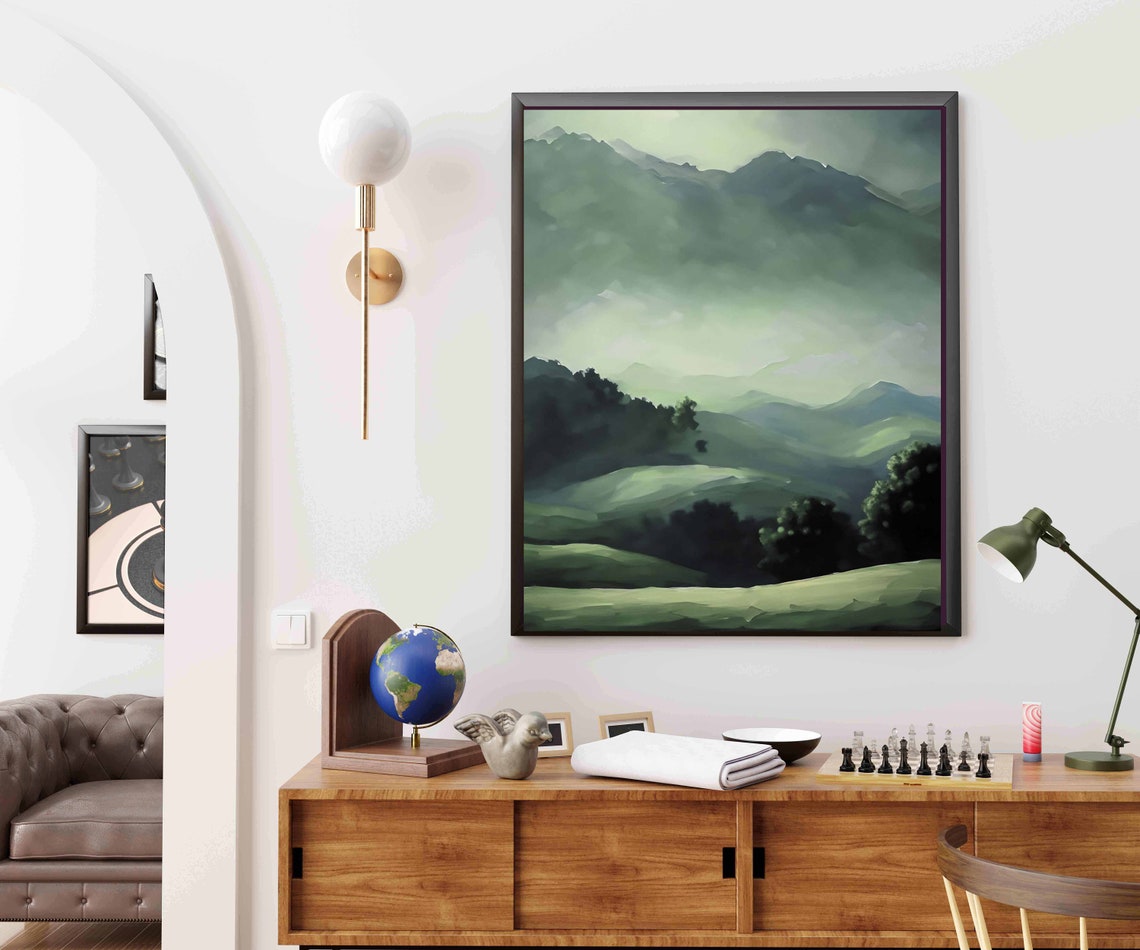 Misty Green Mountain Foggy Landscape Painterly Nature Poster - Image 2