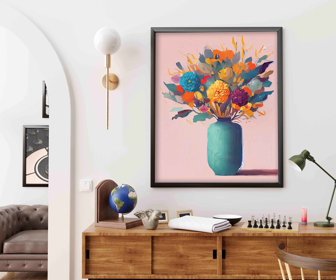 Colorful Flower Bouquet Teal Vase Pink Background Floral Poster