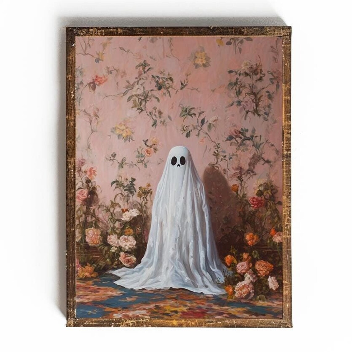 Cute Sheet Ghost Among Flowers on Pink Wallpaper Halloween Poster