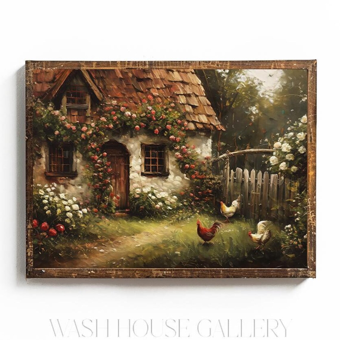 Rose Covered Cottage with Rooster and Hens in the Garden Poster