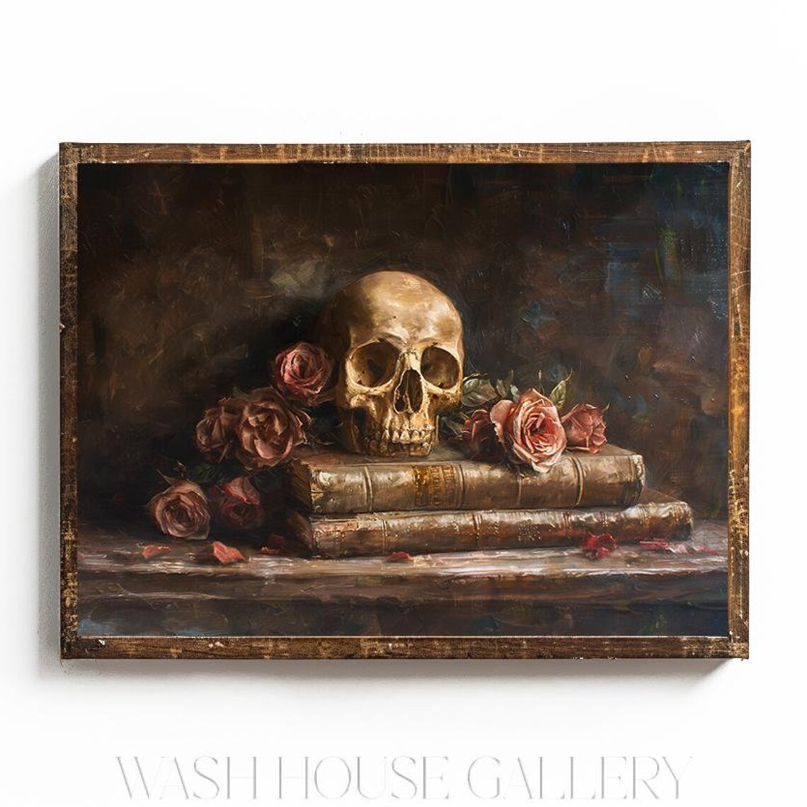 Human Skull On Vintage Books With Roses Gothic Still Life Print