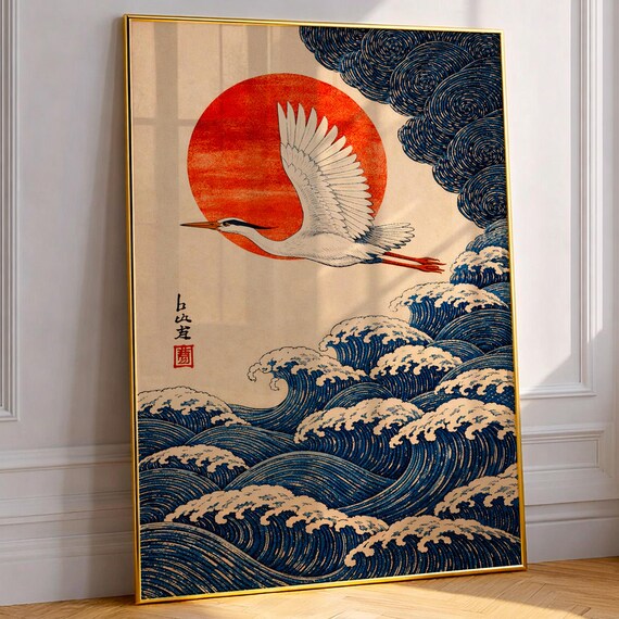 Japanese Crane Wall Art Great Wave Ukiyoe Poster Red Heron Print Zen Oriental Decor Vintage Woodblock Minimalist Gift