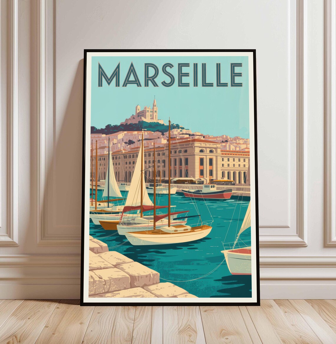 Marseille France Travel Poster Old Port Sailboats Vintage Coastal Harbor Decor
