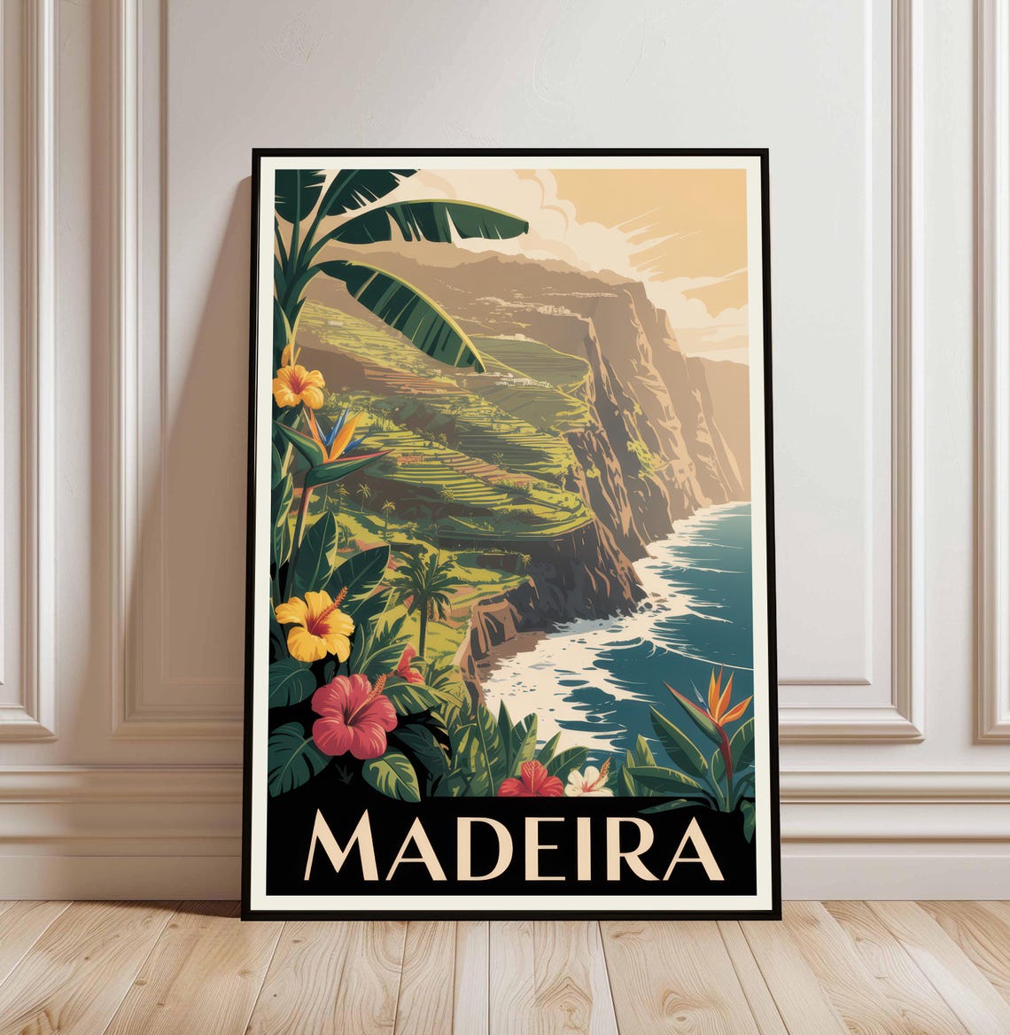Madeira Portugal Green Cliffs Hibiscus Vintage Travel Poster