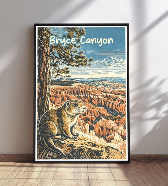 Bryce Canyon National Park Poster Marmot Woodcut Art Print Utah Travel Wall Hoodoo Nature Decor