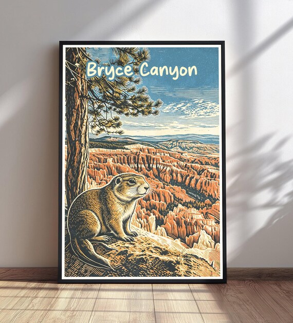 Bryce Canyon National Park Vintage Travel Marmot Woodcut Style Poster