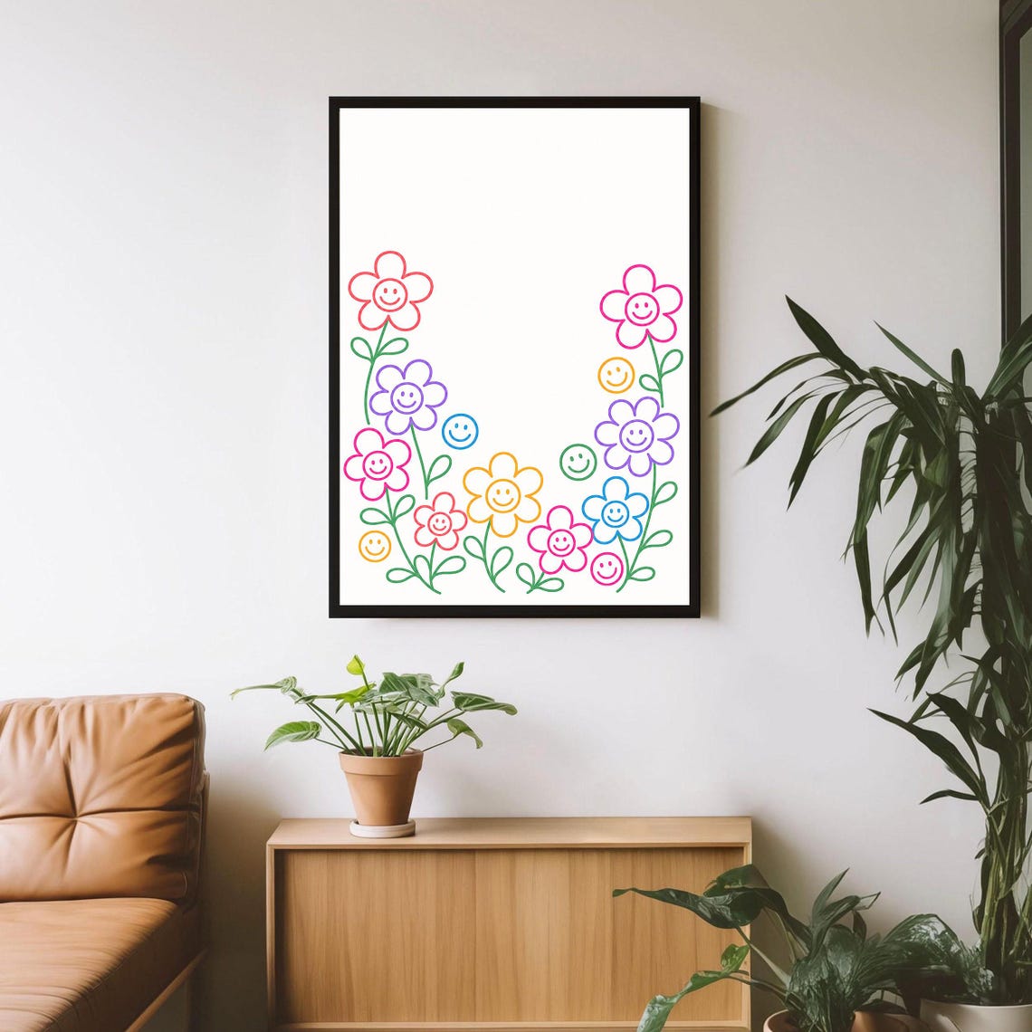 Smiley Face Flower Print Happy Wall Art Floral Decor Digital Download